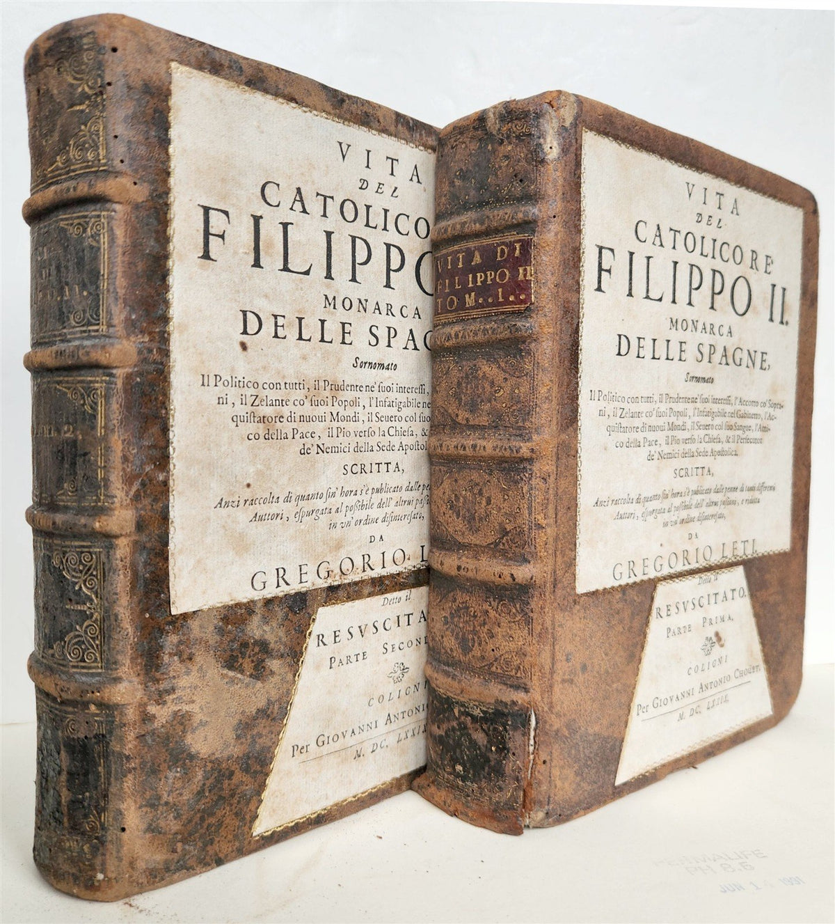 1679 LIFE of CATHOLIC KING PHILIP II of SPAIN antique 2 VOLUMES by Gregory LETI