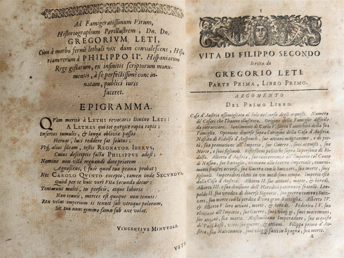 1679 LIFE of CATHOLIC KING PHILIP II of SPAIN antique 2 VOLUMES by Gregory LETI