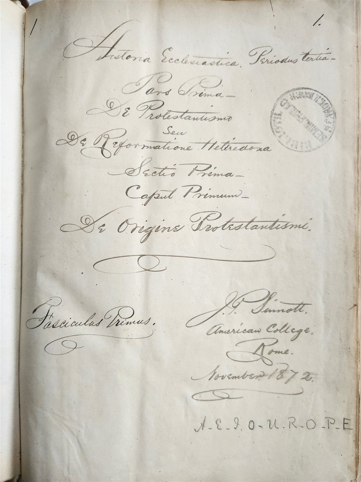1872 MANUSCRIPT on PAPER - ECCLESIASTICAL HISTORY antique
