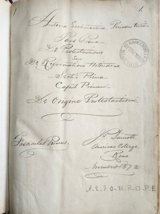1872 MANUSCRIPT on PAPER - ECCLESIASTICAL HISTORY antique