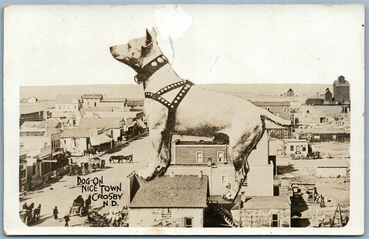 CROSBY SD SCENE w/ DOG ANTIQUE 1916 PHOTOMONTAGE REAL PHOTO POSTCARD RPPC