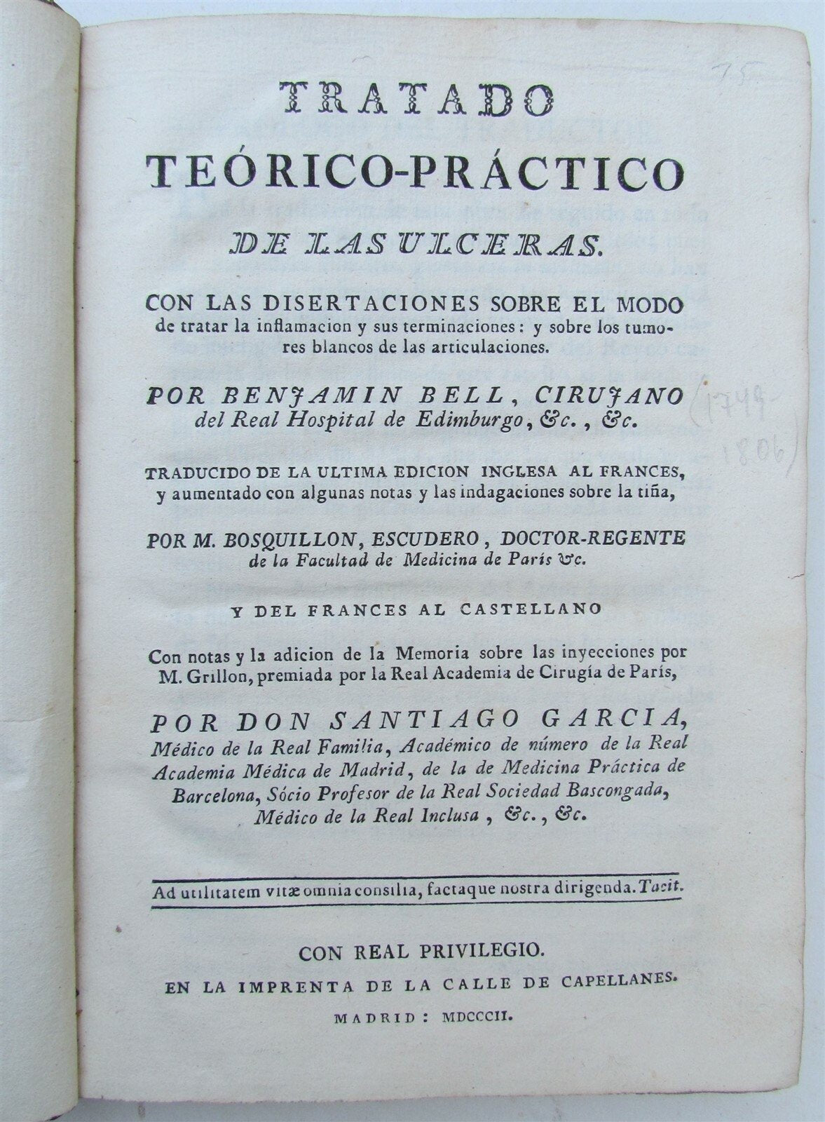 1802 TRATADO TEORICO-PRACTICO DE LAS ULCERAS MEDICAL TREATMENT OF ULCERS by BELL