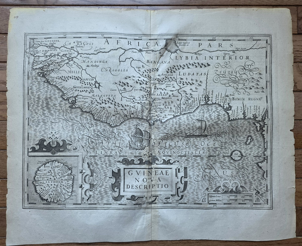 1630s AFRICA NEW DESCRIPTION OF GUINEA antique MAP by JODOCUS HONDIUS