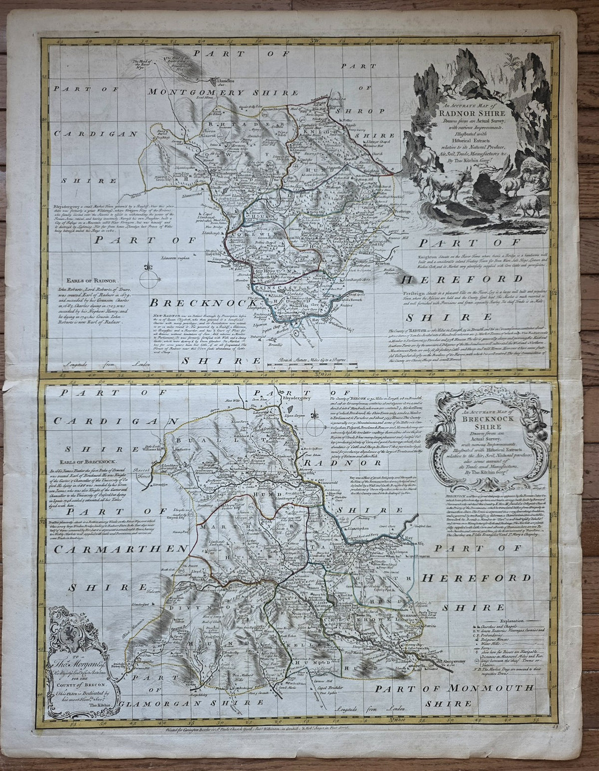1760s UNITED KINGDOM antique MAP of REDNORSHIRE & BRECKNOCKSHIRE in WALES