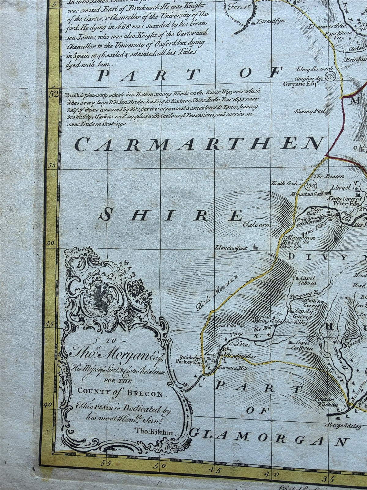 1760s UNITED KINGDOM antique MAP of REDNORSHIRE & BRECKNOCKSHIRE in WALES