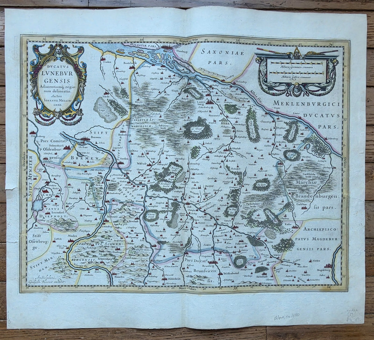 1640 MAP of GERMANY LUNEBURG by WILLEM BLAEU antique AUTHENTIC hand colored