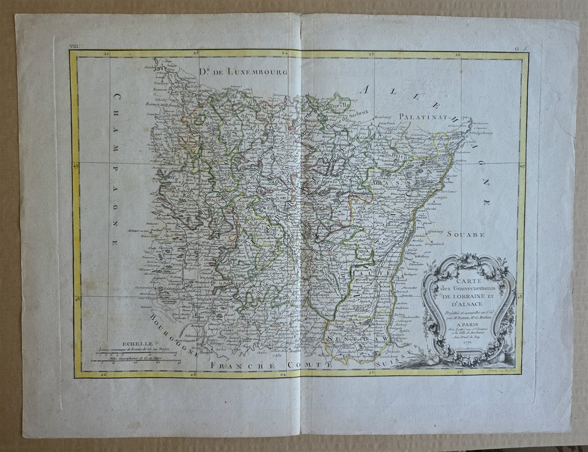 1771 MAP of FRANCE antique CARTE des GOUVERNEMENIS de LORRAINE et D'ALSACE