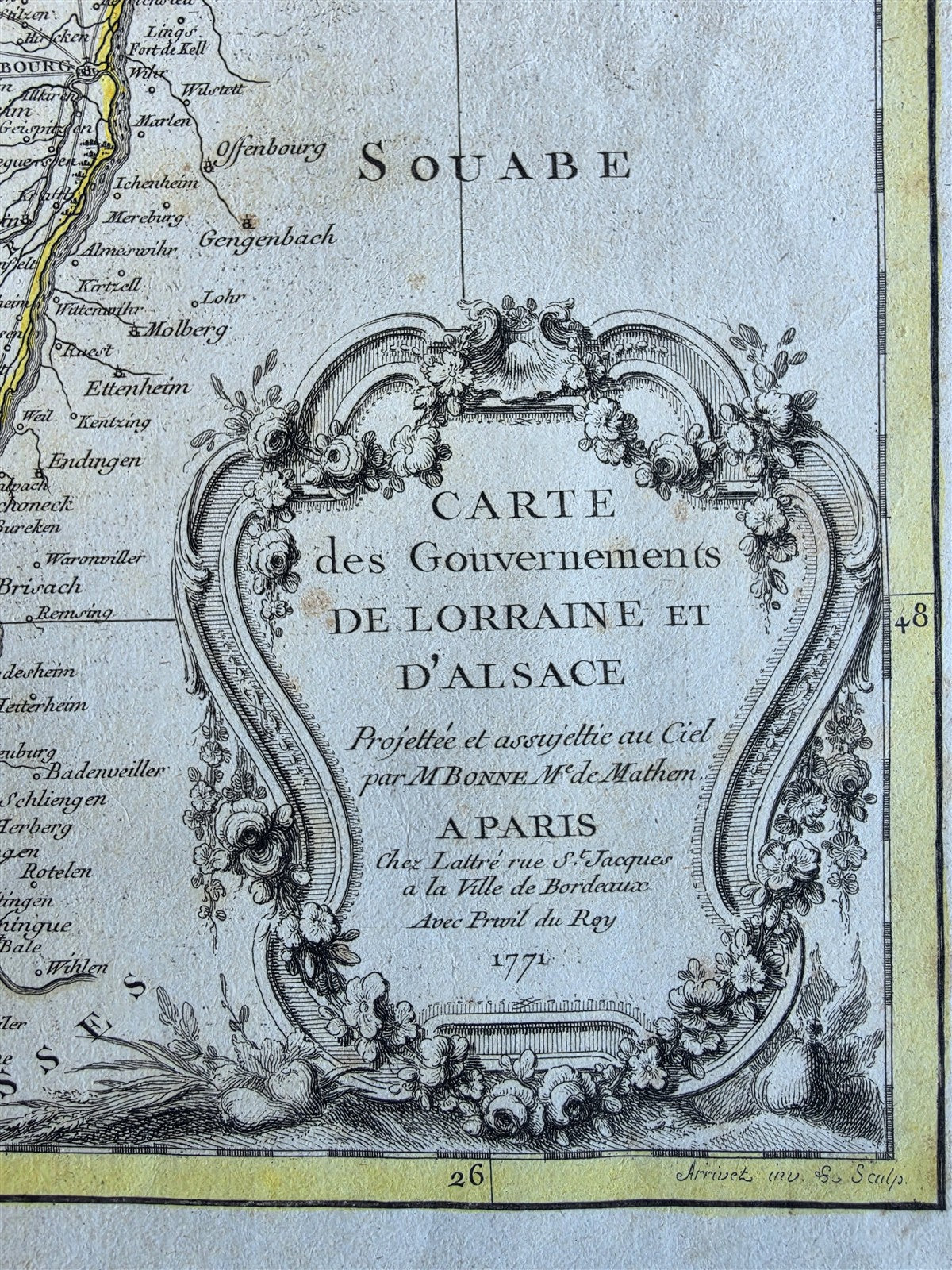 1771 MAP of FRANCE antique CARTE des GOUVERNEMENIS de LORRAINE et D'ALSACE