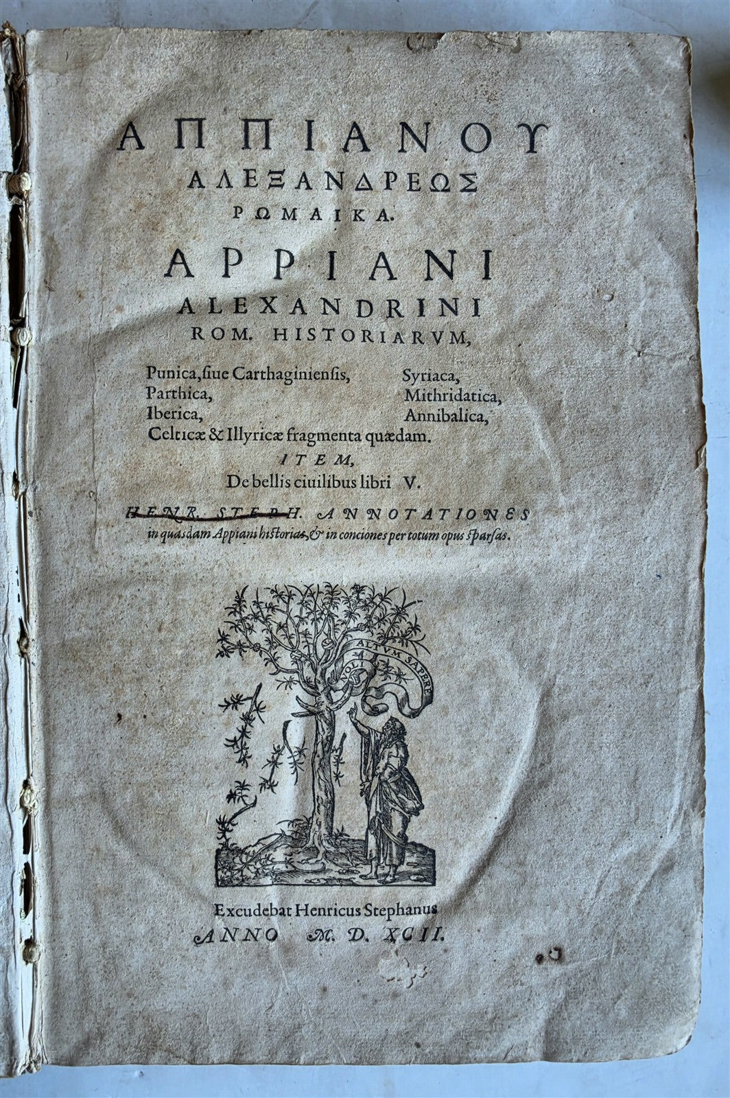 1592 APPIANUS HISTORY antique VELLUM BOUND FOLIO by Henri Estienne GREEK & LATIN