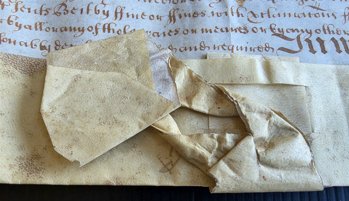 1600s MANUSCRIPT INDENTURE on VELLUM in ENGLISH antique 13 x 26"