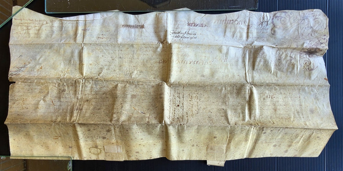 1600s MANUSCRIPT INDENTURE on VELLUM in ENGLISH antique 13 x 26"