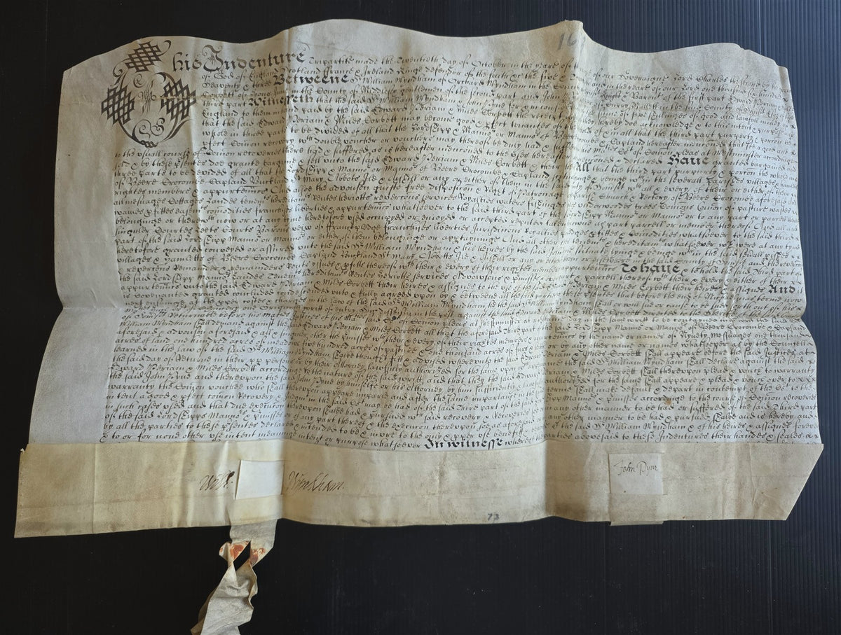 1673 MANUSCRIPT INDENTURE on VELLUM w/ WAX SEAL in ENGLISH antique 14.5x24"