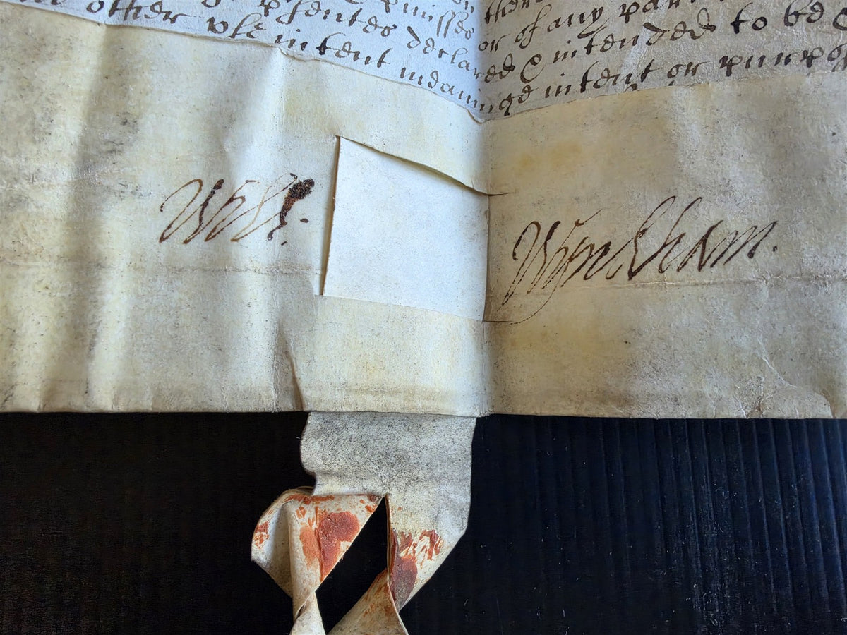 1673 MANUSCRIPT INDENTURE on VELLUM w/ WAX SEAL in ENGLISH antique 14.5x24"