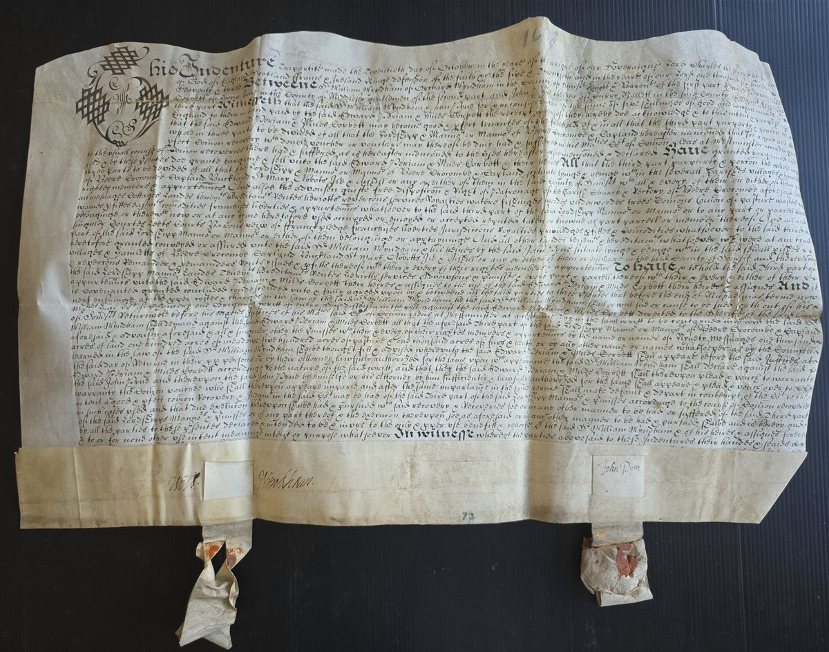 1673 MANUSCRIPT INDENTURE on VELLUM w/ WAX SEAL in ENGLISH antique 14.5x24"