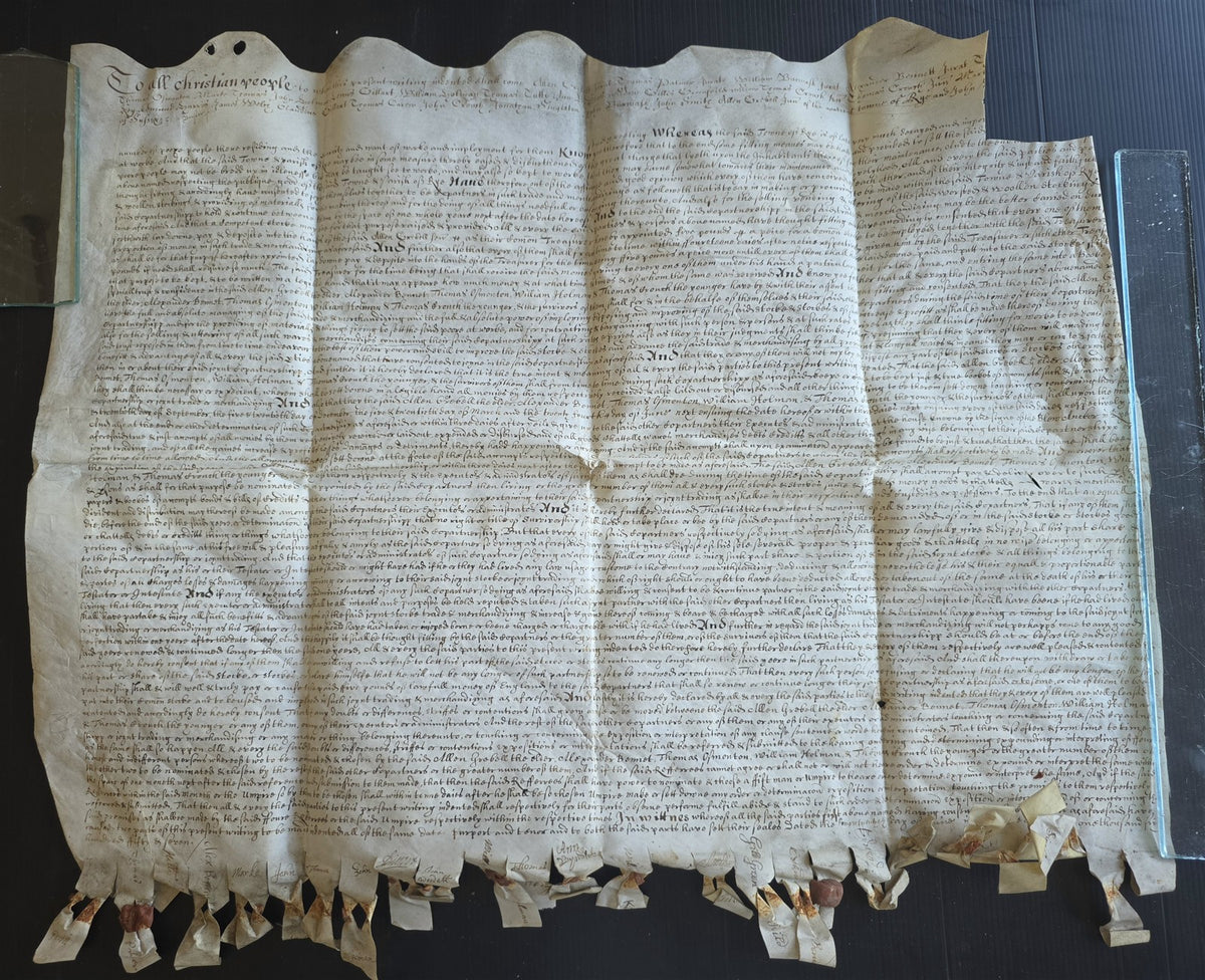 17th century MANUSCRIPT INDENTURE on VELLUM in ENGLISH antique 23x28"