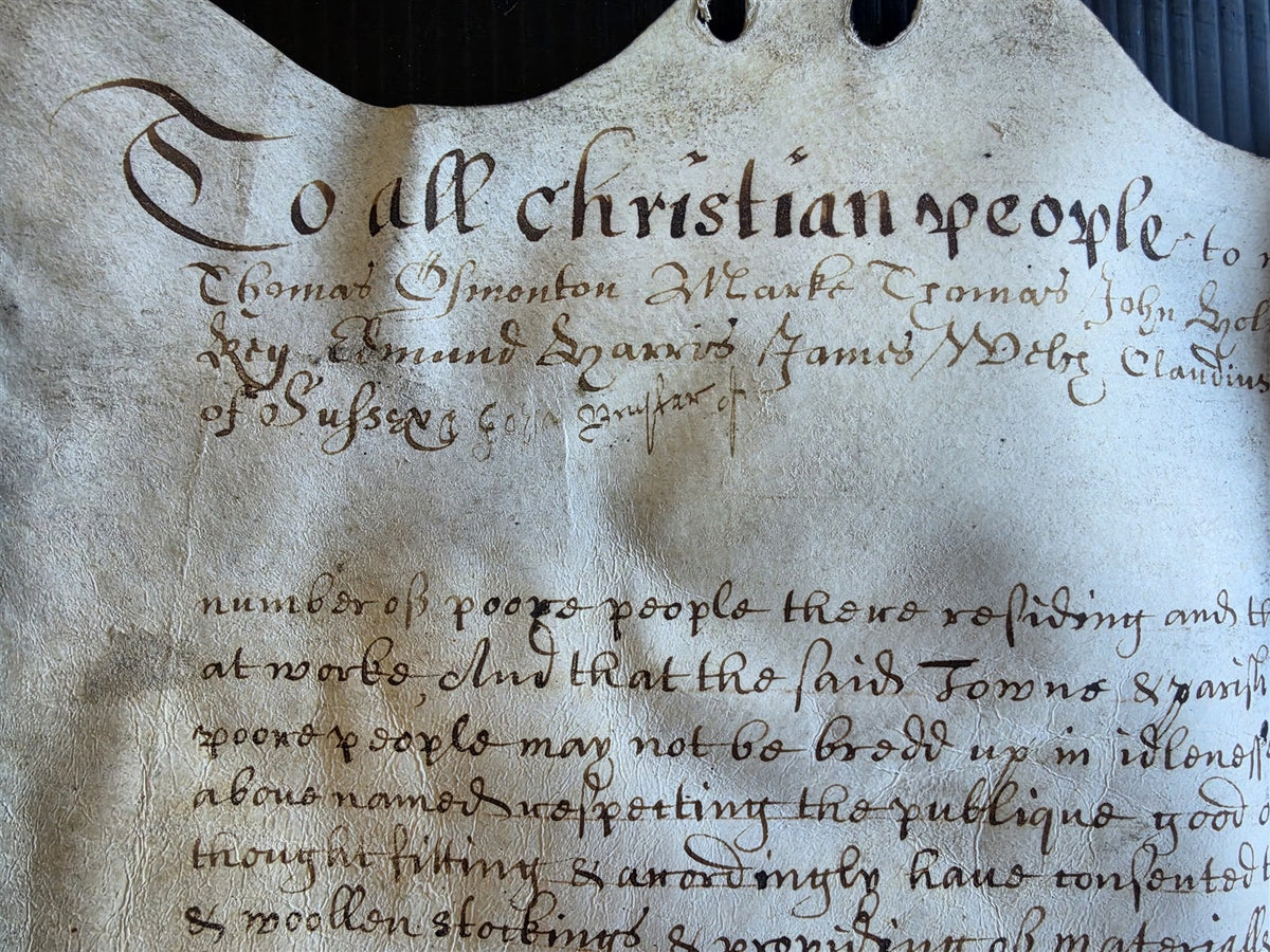 17th century MANUSCRIPT INDENTURE on VELLUM in ENGLISH antique 23x28"