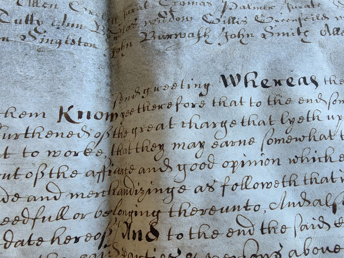 17th century MANUSCRIPT INDENTURE on VELLUM in ENGLISH antique 23x28"