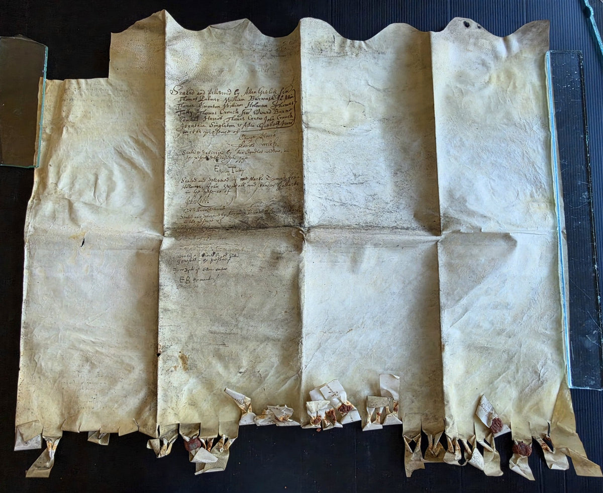 17th century MANUSCRIPT INDENTURE on VELLUM in ENGLISH antique 23x28"