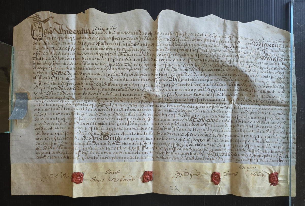 17th century MANUSCRIPT INDENTURE on VELLUM in ENGLISH w/ 4 WAX SEALS antique