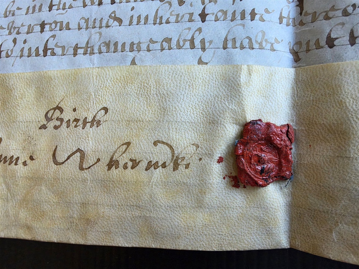 17th century MANUSCRIPT INDENTURE on VELLUM in ENGLISH w/ 4 WAX SEALS antique