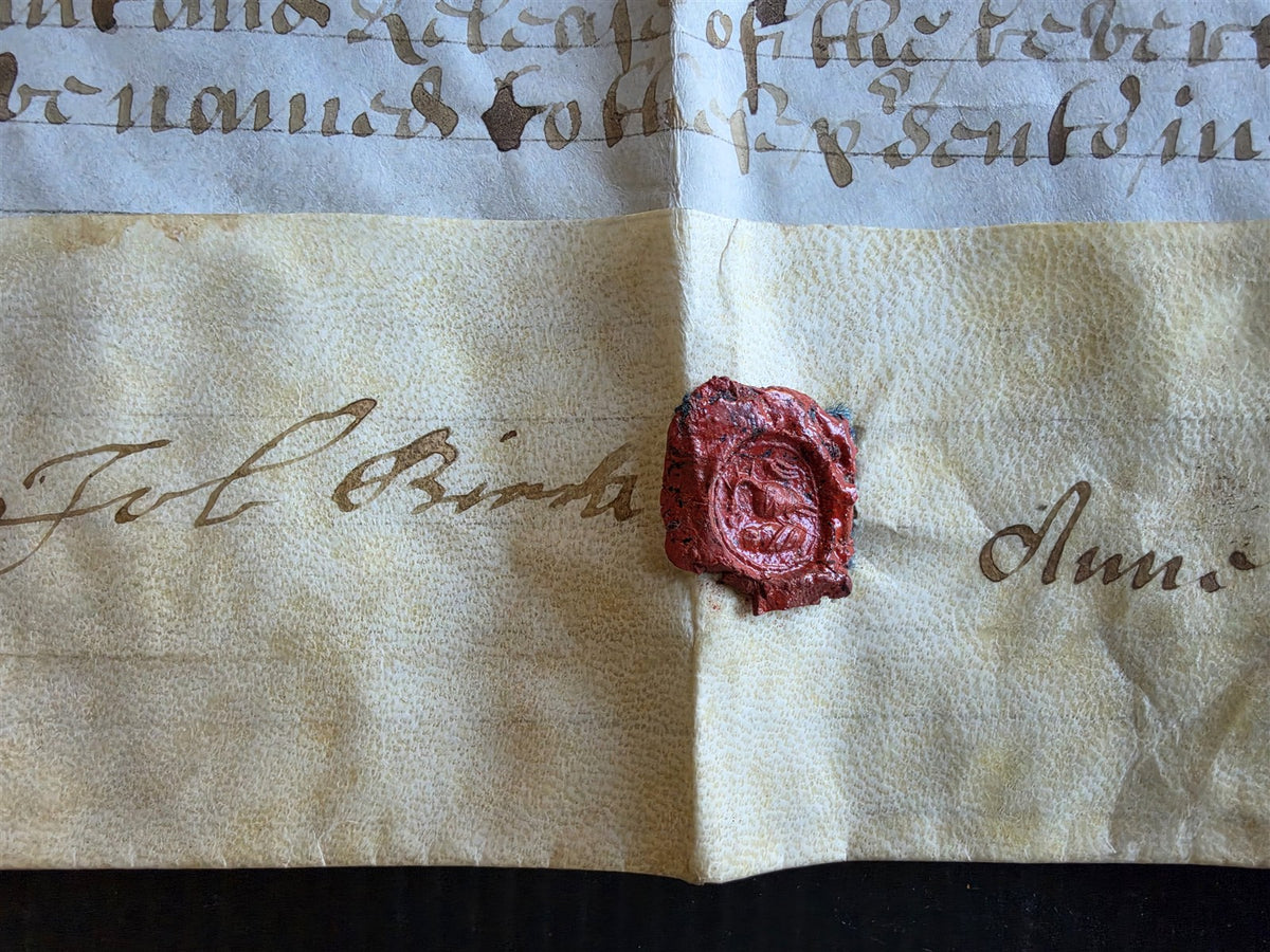 17th century MANUSCRIPT INDENTURE on VELLUM in ENGLISH w/ 4 WAX SEALS antique