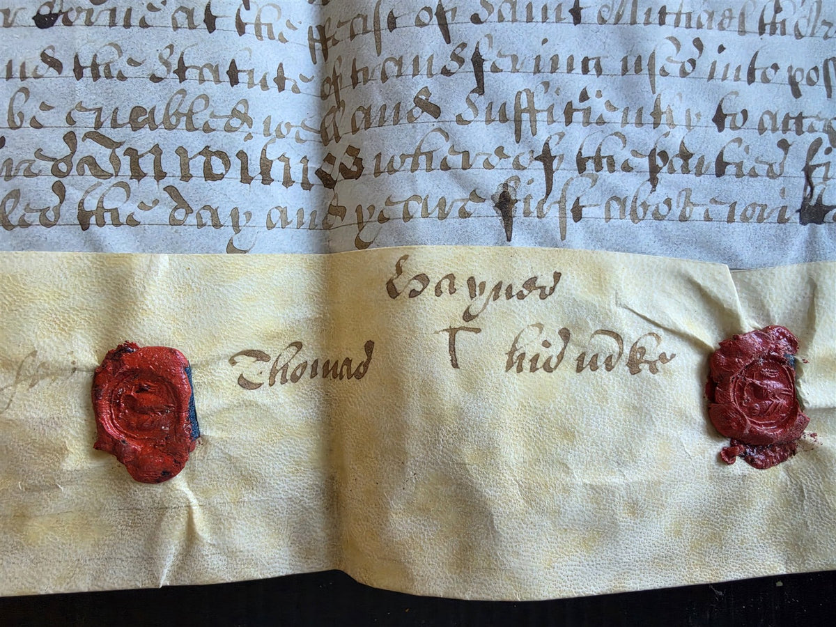 17th century MANUSCRIPT INDENTURE on VELLUM in ENGLISH w/ 4 WAX SEALS antique
