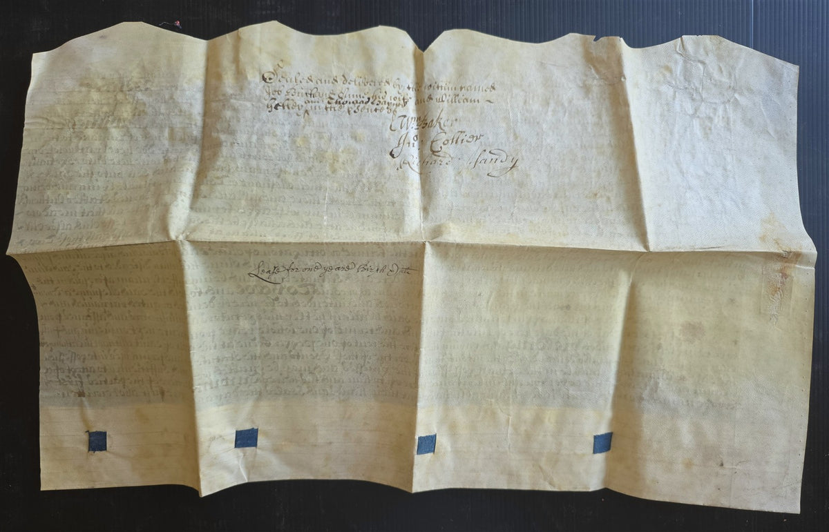17th century MANUSCRIPT INDENTURE on VELLUM in ENGLISH w/ 4 WAX SEALS antique