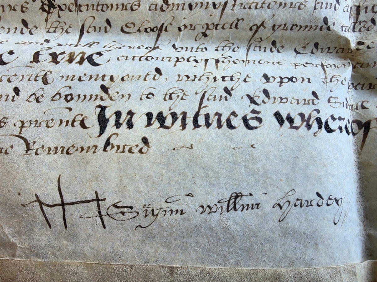 1569 MANUSCRIPT INDENTURE on VELLUM in ENGLISH antique 14 x 21"