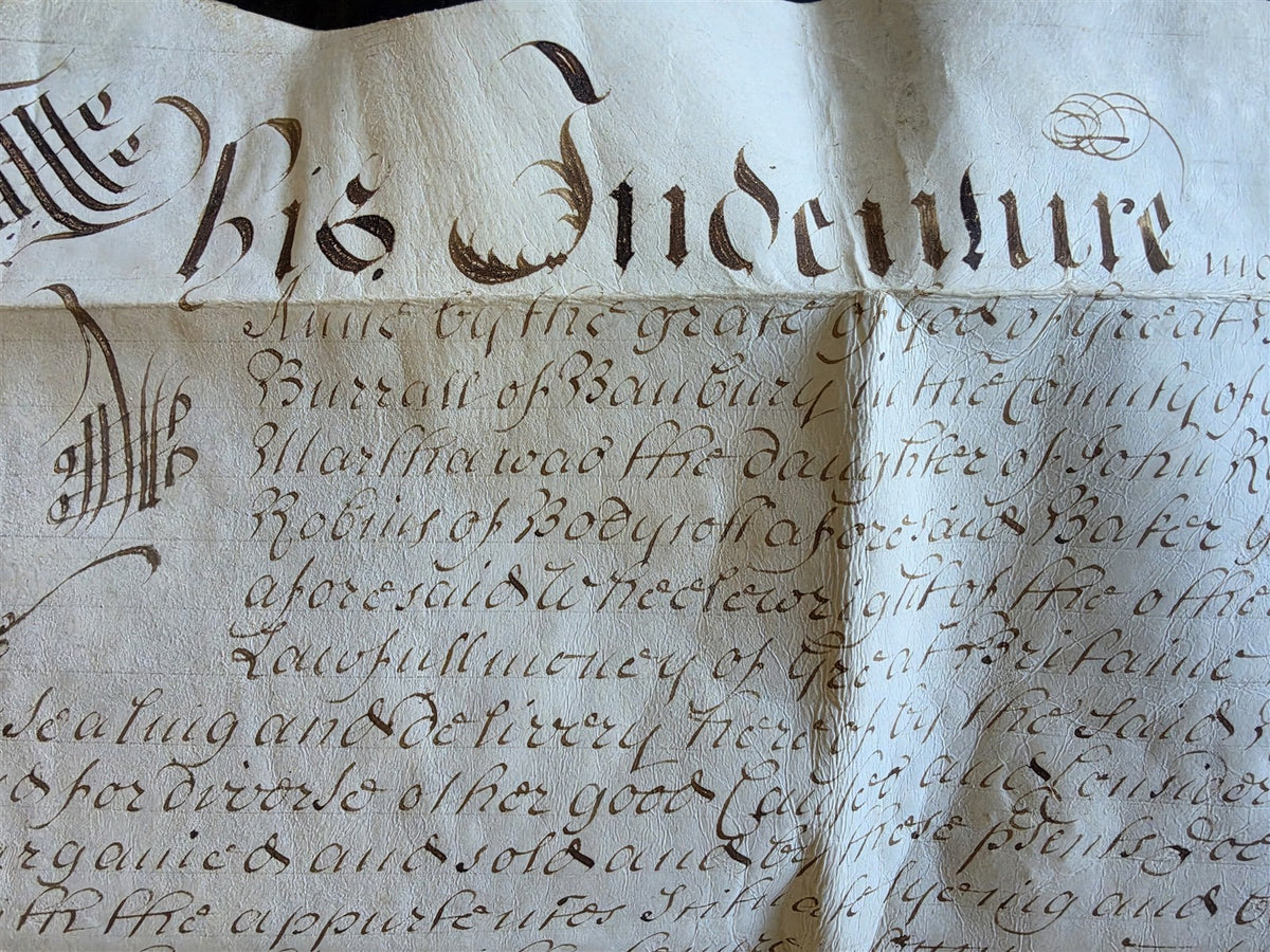 1710 MANUSCRIPT INDENTURE on VELLUM in ENGLISH w/ WAX SEALS antique 13 x 22.5"