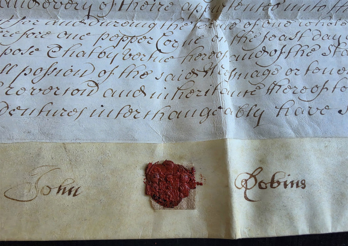 1710 MANUSCRIPT INDENTURE on VELLUM in ENGLISH w/ WAX SEALS antique 13 x 22.5"