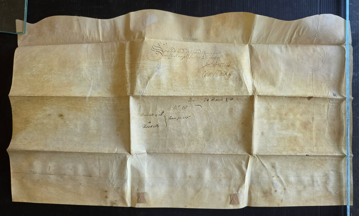 1710 MANUSCRIPT INDENTURE on VELLUM in ENGLISH w/ WAX SEALS antique 13 x 22.5"