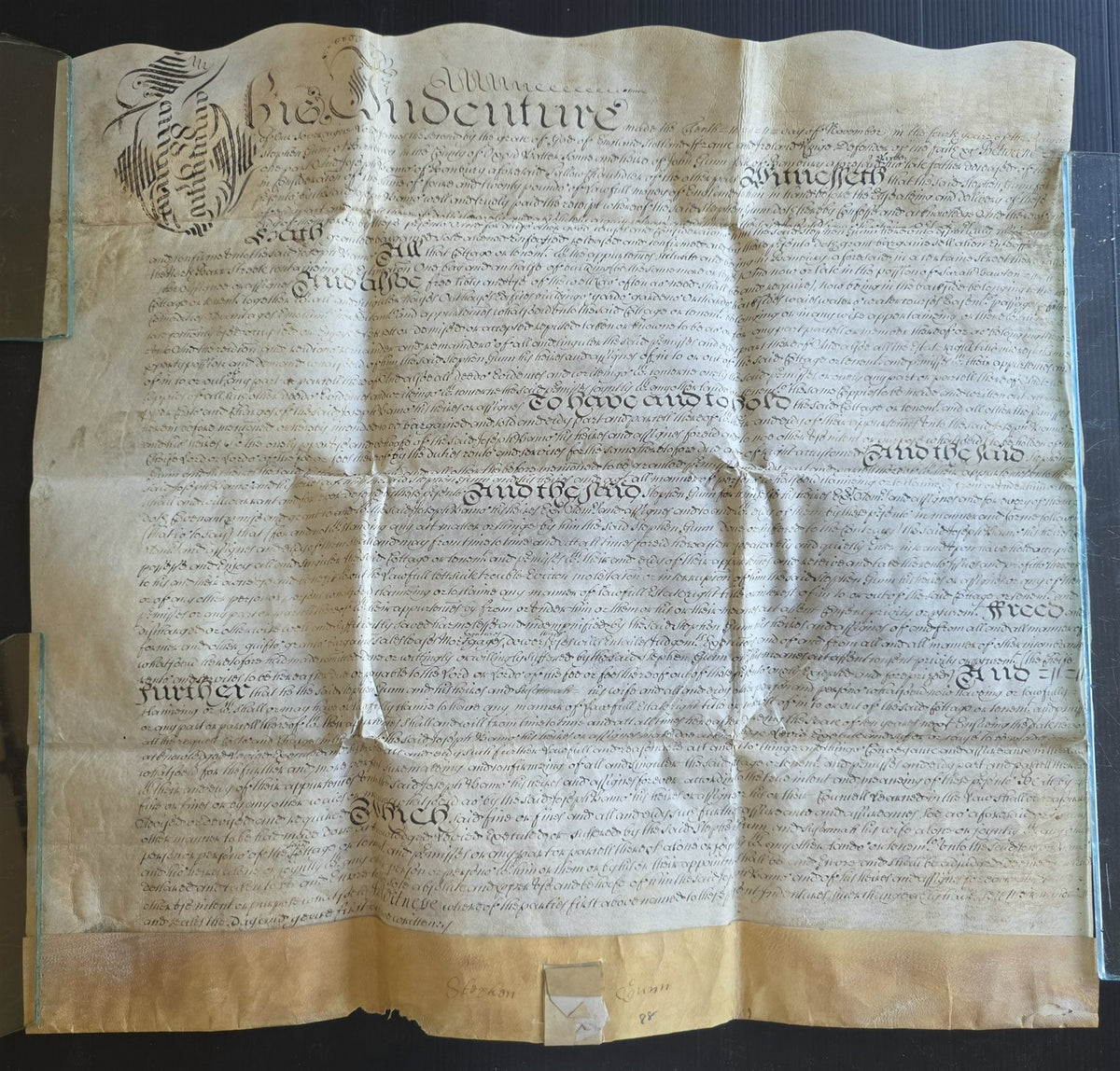 1688 MANUSCRIPT INDENTURE on VELLUM in ENGLISH antique 21 x 22.5"