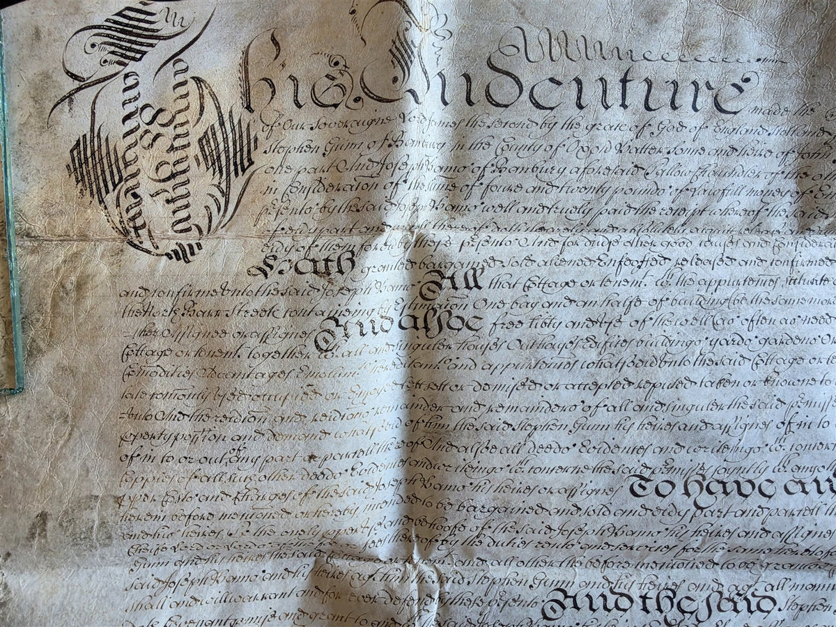 1688 MANUSCRIPT INDENTURE on VELLUM in ENGLISH antique 21 x 22.5"
