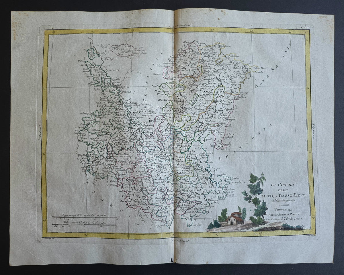 1782 MAP of GERMANY - ANTONIO ZATTA GEOGRAFI ATLAS antique UPPER & LOWER RHINE