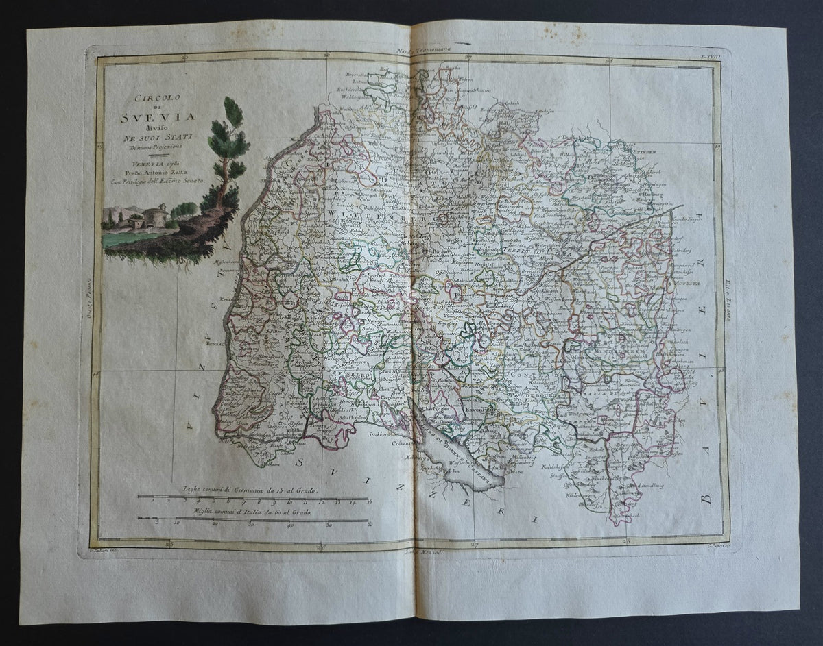 1782 MAP of SWABIA GERMANY from ANTONIO ZATTA GEOGRAFI ATLAS antique SVEVIA