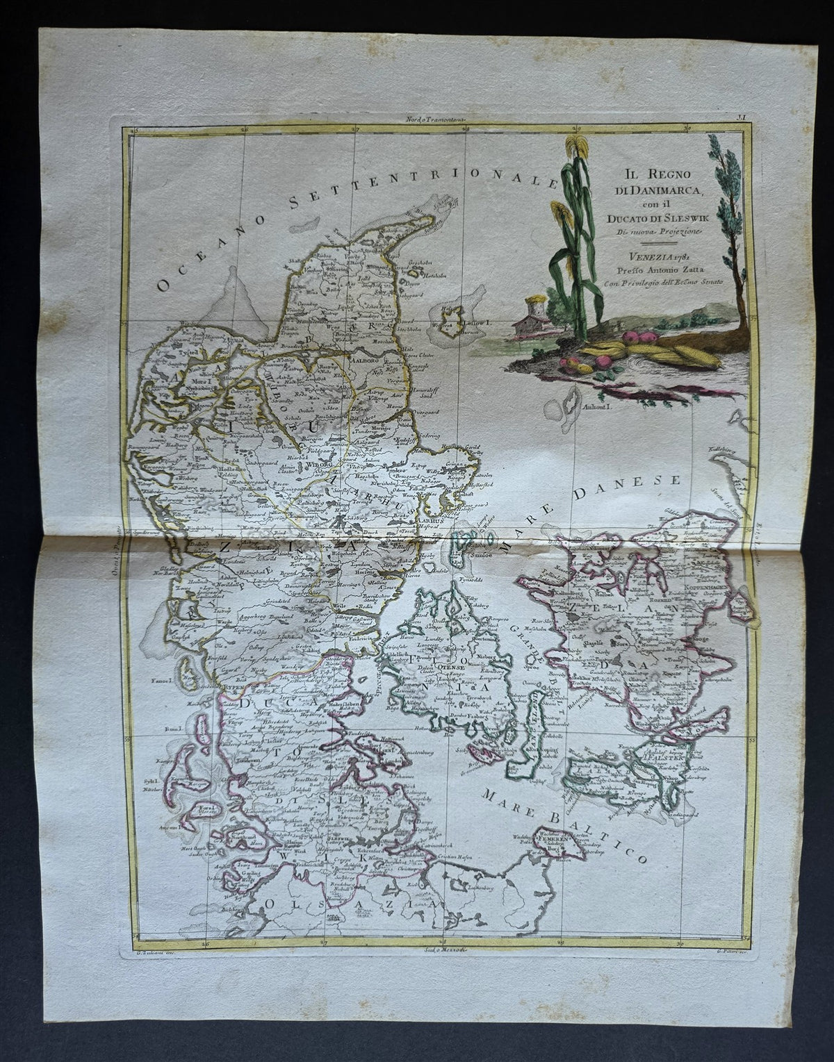 1782 MAP of DENMARK from ANTONIO ZATTA GEOGRAFI ATLAS antique 15x19"