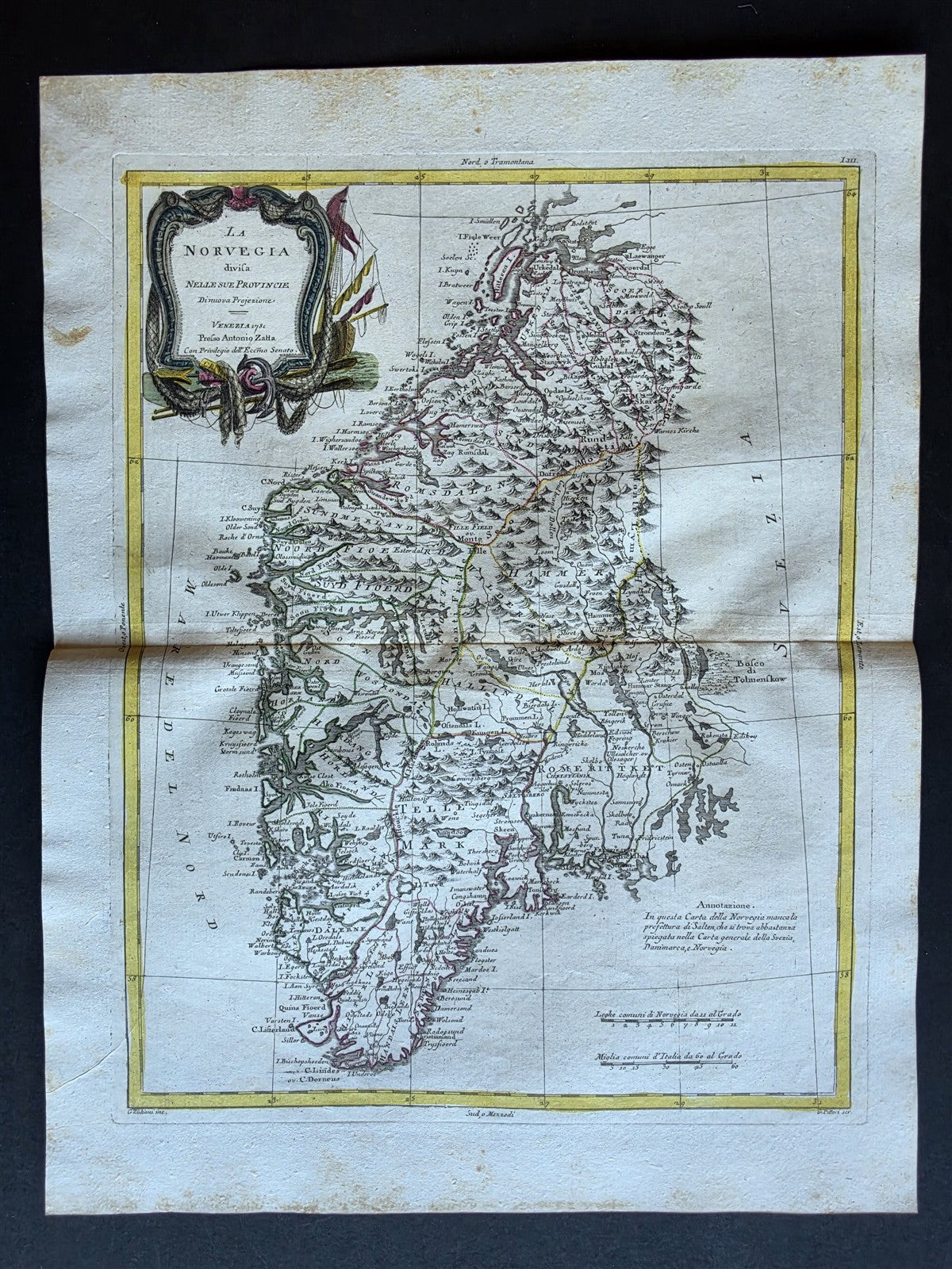 1782 MAP of NORWAY from ANTONIO ZATTA GEOGRAFI ATLAS antique LA NORVEGIA