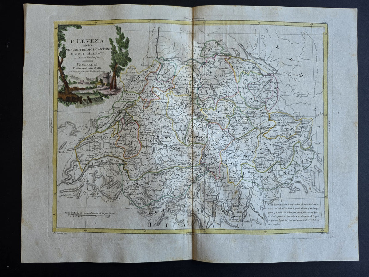 1782 MAP of SWITZERLAND from ANTONIO ZATTA GEOGRAFI ATLAS antique L'ELVEZIA