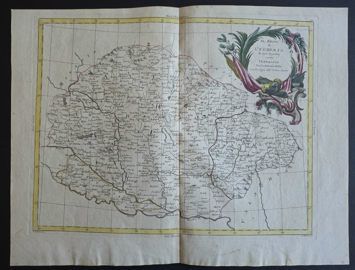 1782 MAP of HUNGARY from ANTONIO ZATTA GEOGRAFI ATLAS antique UNGHERIA 15x19"