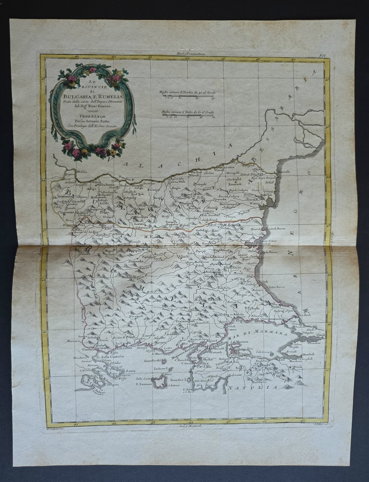 1782 MAP of BULGARIA ROMANIA & TURKEY from ANTONIO ZATTA GEOGRAFI ATLAS antique