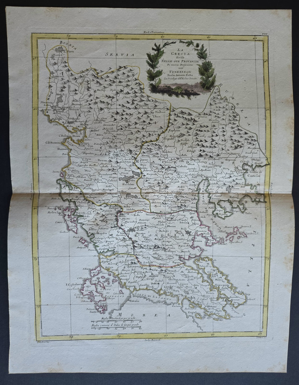 1782 MAP of GREECE from ANTONIO ZATTA GEOGRAFI ATLAS antique LA GRECIA 15x19"