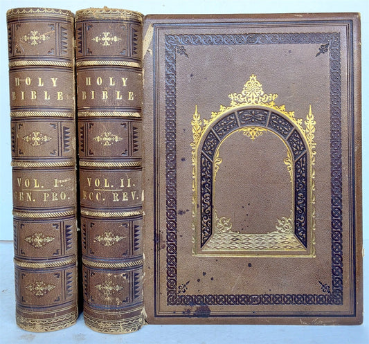 1860s BIBLE in ENGLISH antique ILLUSTRATED 2 FOLIO VOLUMES by A. FLETCHER