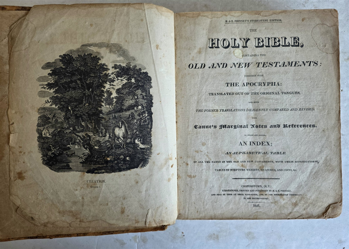 1827 BIBLE in ENGLISH antique ILLUSTRATED Cooperstown NY AMERICANA