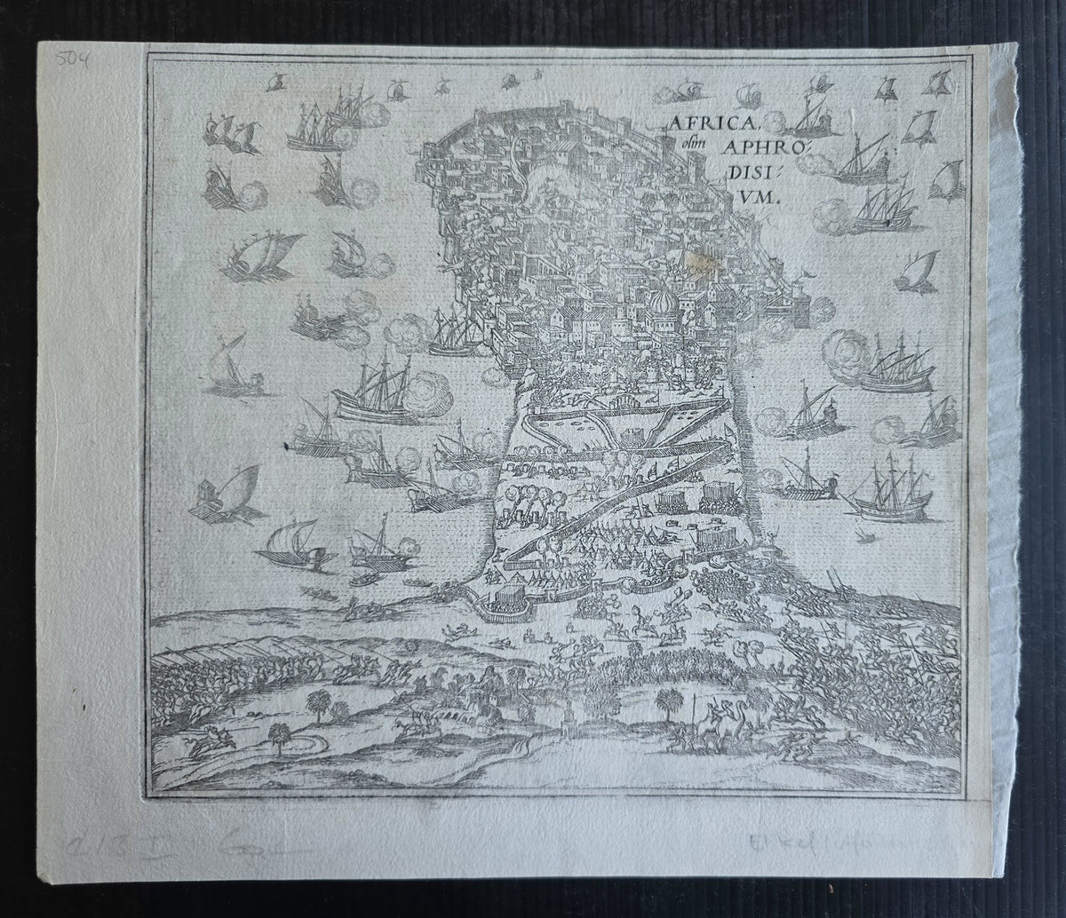1570s MAP of AFRICA antique NAVAL BATTLE Capture of Mahdia TUNISIA