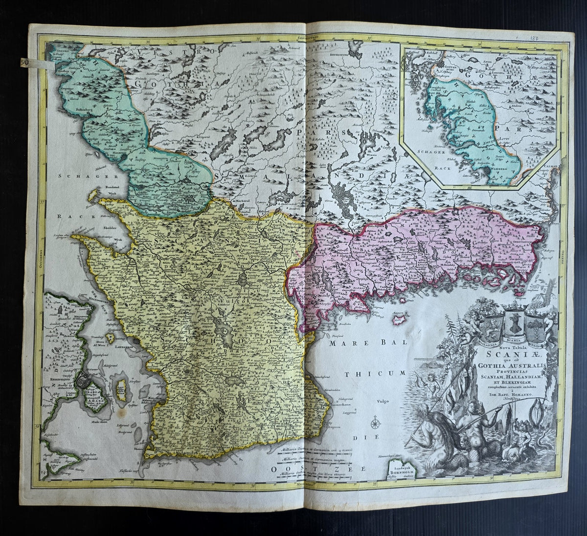 1720 MAP of KINGDOM of SWEDEN & DENMARK antique 20x24" by Johann Baptist Homann