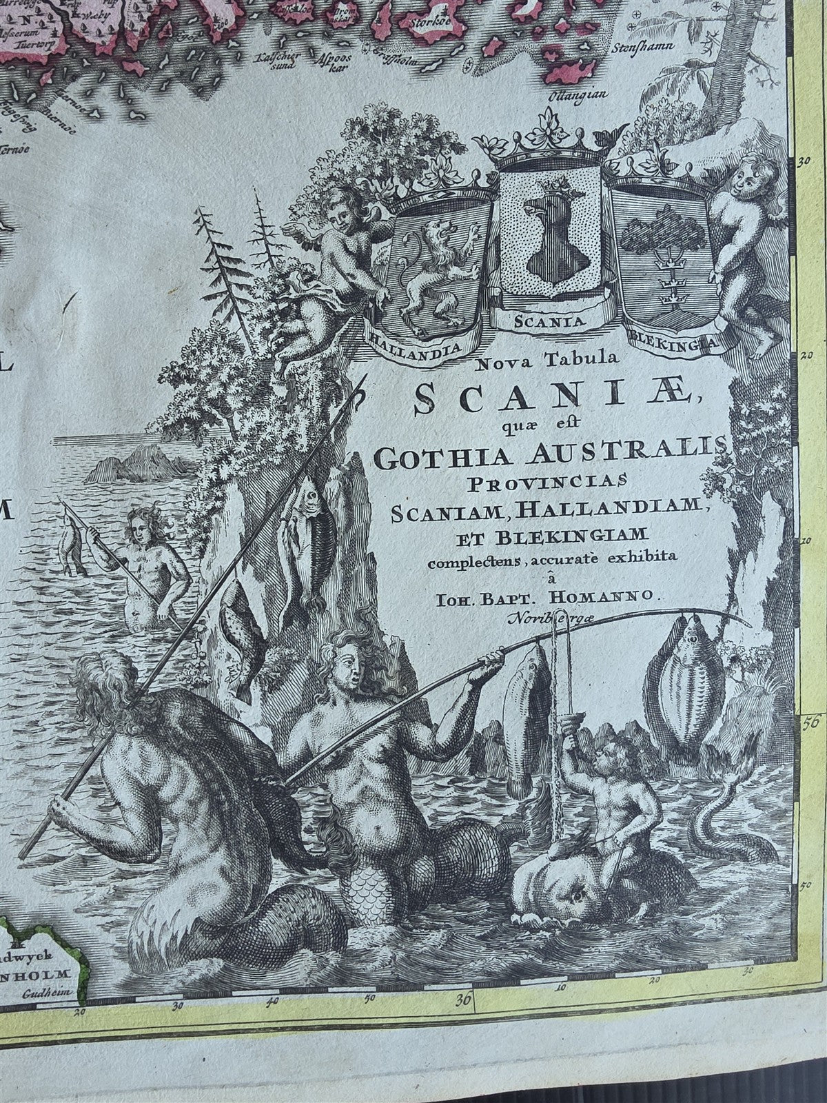 1720 MAP of KINGDOM of SWEDEN & DENMARK antique 20x24" by Johann Baptist Homann