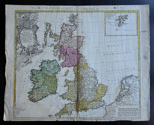 1740 MAP of ENGLAND antique Regnorum Magnae Britanniae by HOMANN HEIRS