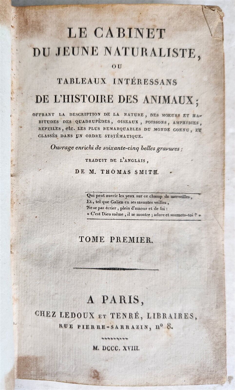 1818 HISTORY of ANIMALS ILLUSTRATED w/ 65 PLATES antique 6 VOLUMES
