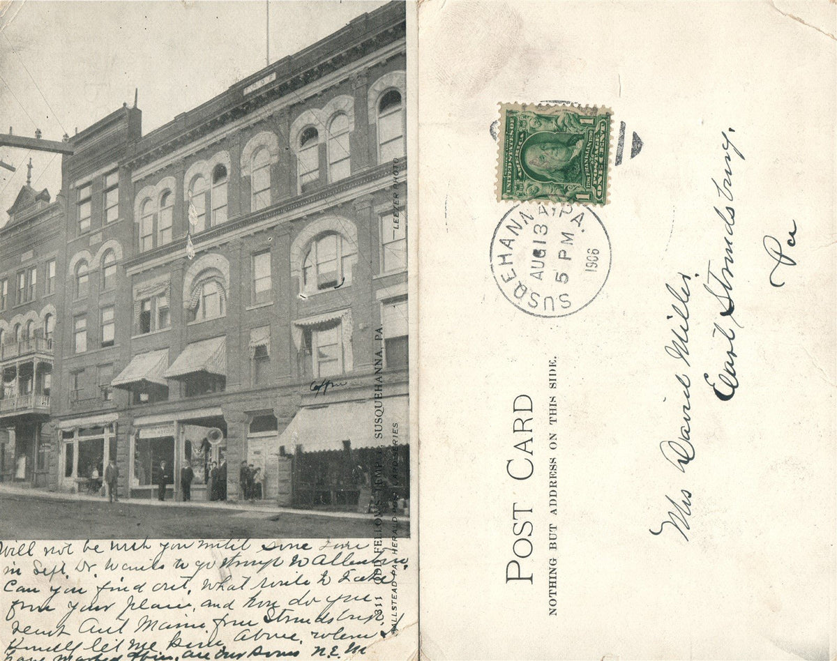SUSQUEHANNA PA ODD FELLOWS TEMPLE 1906 UNDIVIDED ANTIQUE POSTCARD CORK CANCEL