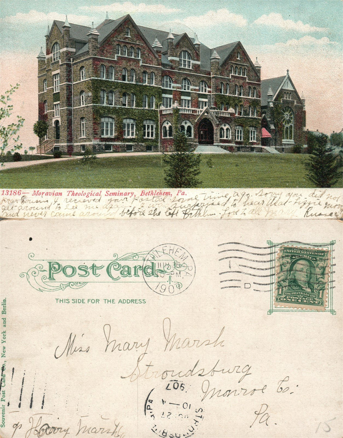 BETHLEHEM PA MORAVIAN SEMINARY 1907 UNDIVIDED ANTIQUE POSTCARD